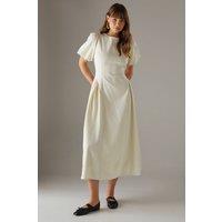 Warehouse Women's Seersucker Organza Godet Side Puff Sleeve Midi Dress in Cream | Size: 6