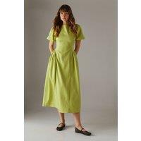 Warehouse Women's Seersucker Organza Godet Side Puff Sleeve Midi Dress in Chartreuse | Size: 6