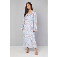 Wallis Women's Floral Ruffle Belted Midaxi Dress in Blue | Size: 18