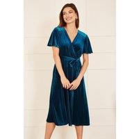 Yumi Women's Teal Wrap Over Midi Dress With Angel Sleeves & Split Hem | Size: 8