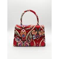 SVNX Women's Floral Satin Embroidered Top Handle Bag in Red