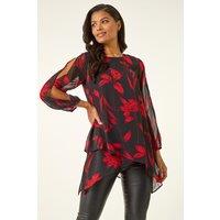 Roman Women's Floral Chiffon Layered Tunic Top in Red | Size: 12