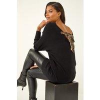 Roman Women's One Size Animal Print Tie Back V-Neck Jumper in Black