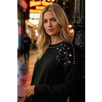 Roman Women's Embellished Shoulder Knit Jumper in Black | Size: S/M
