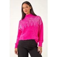 Dusk Women's Sequin Embellished Fluffy Knit Jumper in Pink | Size: 14