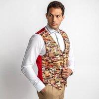 CLAUDIO LUGLI Men's Monaco Montage Vintage Racing Printed Waistcoat in Red | Size: 48R