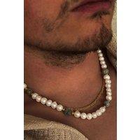 Outrage London Men's Gold Personalised Labradorite Stone Pearl Necklace in White | Size: Adjustable