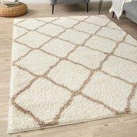 THE RUGS Moroccan Soft High Pile Shaggy Lattice Rugs & Runners Living Room in Ivory | Size: 80 cm x 150 cm