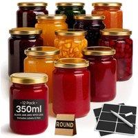 volila 12 Pack Round Jam Jars with with Labels & Pen - 350ml in Gold