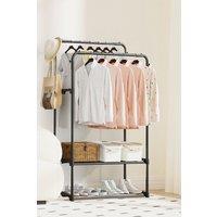H&O Direct Modern Bedroom Clothes Rack Double Rod in Black