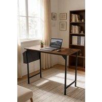 Living and Home Home Office Desk with Side Storage Pocket and Hook in Brown