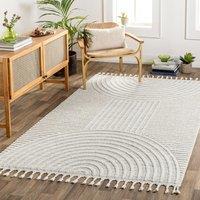 Livabliss Nora-Geometric Grey Ivory High Pile Fringe Living Dining Bedroom Rug | Size: 80 cm x 220 cm