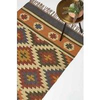 Homescapes Lucea Orange & Blue Kilim Wool Rug | Size: 240 cm x 300 cm