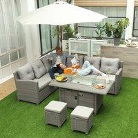 OUTSUNNY 5 PCs Outdoor Rattan Corner Dining Set Footstool Gas Fire Pit Table Furniture in Grey