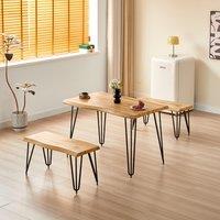 KOSY KOALA Wooden Dining Table & 2 Benches Set With Metal Hairpin Legs for Dining Room, Work, or Study in Brown
