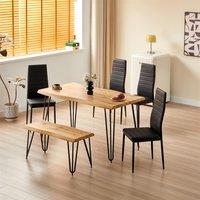 KOSY KOALA Dining Table set with 4 Black Metal Chairs & Bench Kitchen Dining Room Furniture in Brown