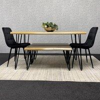KOSY KOALA Modern Dining Table Set With 2 Black Velvet Chairs & 2 Benches Dining Room Furniture in Brown