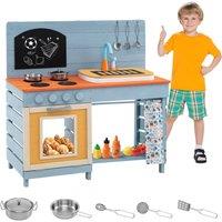 Gymax Play Kitchen Set Pretend Mud Kitchen with Cooking Accessories Playset in Blue