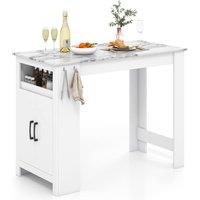 Costway Faux Marble Bar Table Pub Table w/Hooks & Cabinet Kitchen Dining Table in White