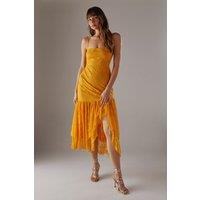 Warehouse Women's Lace Strappy Drop Waist Ruffle Midi Dress in Orange | Size: 12