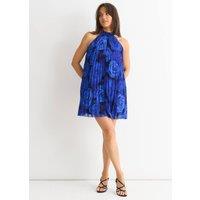 Gini London Women's Large Floral Halter Pleated Mini Dress in Blue | Size: 12