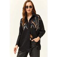 HOXTON GAL Women's Oversized Sequin Embellished Oversized Wool Effect Shirt in Black | Size: Large