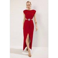 WOVCOR Women's Elegant Woven Maxi Evening Dress With Cut-Out & Embellished Detail in Red | Size: 8