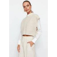 WOVCOR Women's Crop Crew-Neck Knitted Vest in Stone | Size: Medium