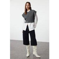 WOVCOR Women's Crop Crew-Neck Knitted Vest in Dark Grey | Size: Medium