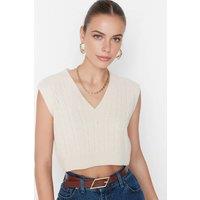WOVCOR Women's Cropped Cable Knit V-Neck Sweater Vest in Stone | Size: Large