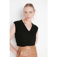 WOVCOR Women's Cropped Cable Knit V-Neck Sweater Vest in Black | Size: Medium