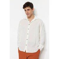 WOVCOR Men's Linen-Look Long Sleeve Shirt with Roll-Up Sleeves in White | Size: Small