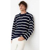 WOVCOR Men's Crew Neck Striped Knitted Sweater in Navy | Size: Large