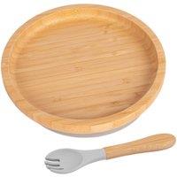 Tiny Dining Bamboo Round Baby Weaning Plate & Fork Set in Grey