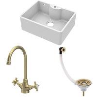 Balterley Fireclay 1 Bowl Butler Sink Waste Tap Brushed Brass 595mm in White