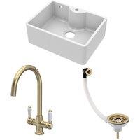 Balterley Fireclay 1 Bowl Butler Sink Waste Tap Brushed Brass 595mm in White