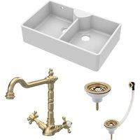 Balterley Fireclay 2 Bowl Stepped Weir Butler Sink Wastes Tap 895mm in White