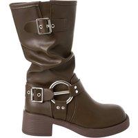 MODISHION Women's PU Leather Fashionable Western-Style Mid-Calf Boots in Brown | Size: 4