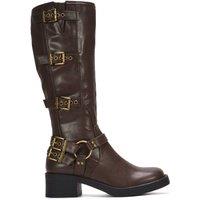XY London Women's 'Cobra' Harness Square toe Knee High Biker Boots in Brown | Size: 5