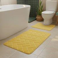 Snug City Block Design Memory Foam Bath Mat Set Soft Absorbent NonSlip Bathroom in Yellow | Size: 50 x 80 cm