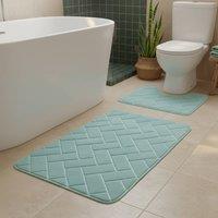 Snug City Block Design Memory Foam Bath Mat Set Soft Absorbent NonSlip Bathroom in Aqua | Size: 50 x 80 cm