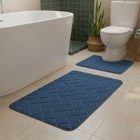 Snug City Block Design Memory Foam Bath Mat Set Soft Absorbent NonSlip Bathroom in Blue | Size: 50 x 80 cm