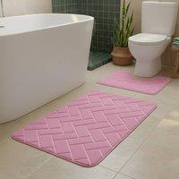 Snug City Block Design Memory Foam Bath Mat Set Soft Absorbent NonSlip Bathroom in Pink | Size: 50 x 80 cm