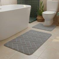 Snug City Block Design Memory Foam Bath Mat Set Soft Absorbent NonSlip Bathroom in Silver | Size: 50 x 80 cm