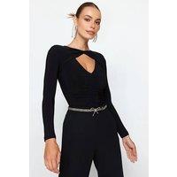 WOVCOR Women's Cut-Out Detail Ruched Long Sleeve Knit Bodysuit in Black | Size: 8