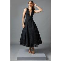 Coast Women's Plunge V Full Skirted Jacquard Midi Dress in Black | Size: 12