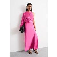 Warehouse Women's One Shoulder Twist Front Keyhole Satin Maxi Dress in Pink | Size: 10