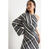 Warehouse Women's Petite Printed One Shoulder Twist Front Keyhole Satin Maxi Dress in Stripe | Size: 6