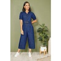 Yumi Women's Blue Cotton Chambray Button Up Jumpsuit | Size: 8