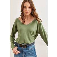 HOXTON GAL Women's Regular Fit Casual V-Neck Blouse with Stitch Detail in Khaki | Size: Medium